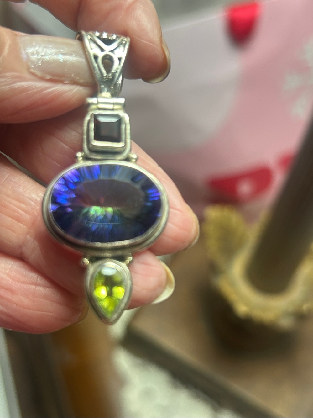 Sterling Silver Blue Mystic Topaz, Garnet  & Peridot Pendant